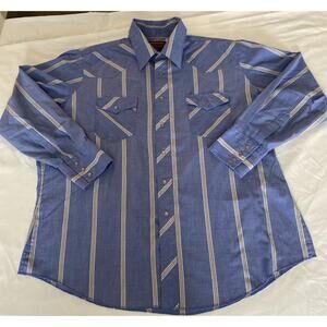 Wrangler RUSTLER Mens Vintage Western Pearl Snaps Striped XLONG Shirt Chambray